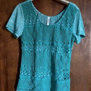Womens Muir Muir turquoise short sleeve top with crochet overlay - Medium